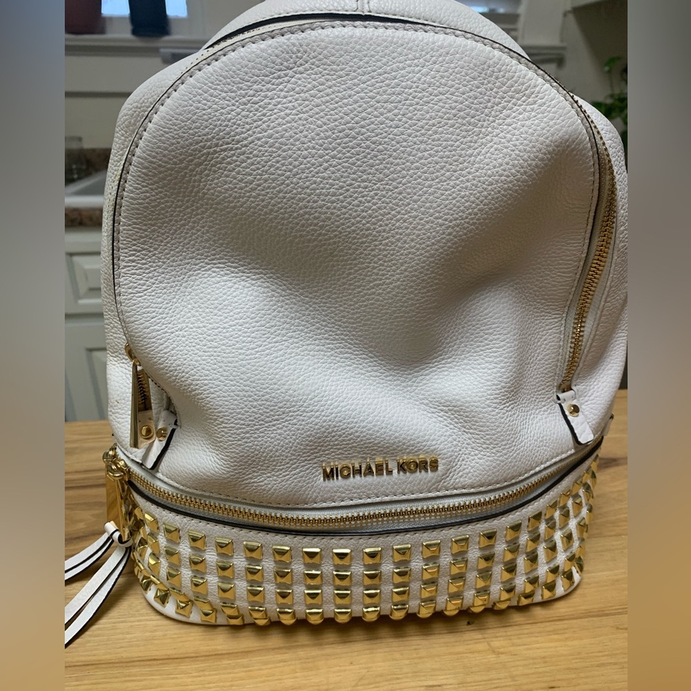 Michael Kors Gold and White Studded Leather Backpack Purse